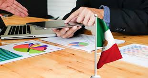 Ejecutivo analizando documentos de contabilidad gubernamental en computadora, con bandera de México en escritorio, símbolo de transparencia y control financiero en el sector público.