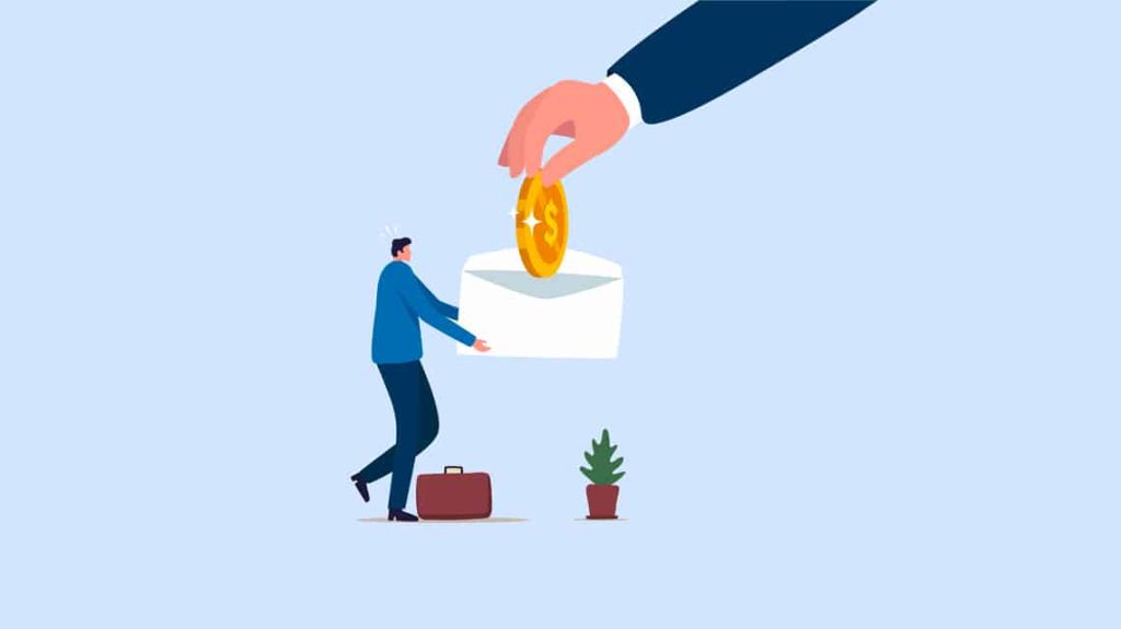 Ilustración de indemnización: trabajador recibiendo una compensación económica representada con monedas de oro en un sobre, ejemplo de daño punitivo en México.