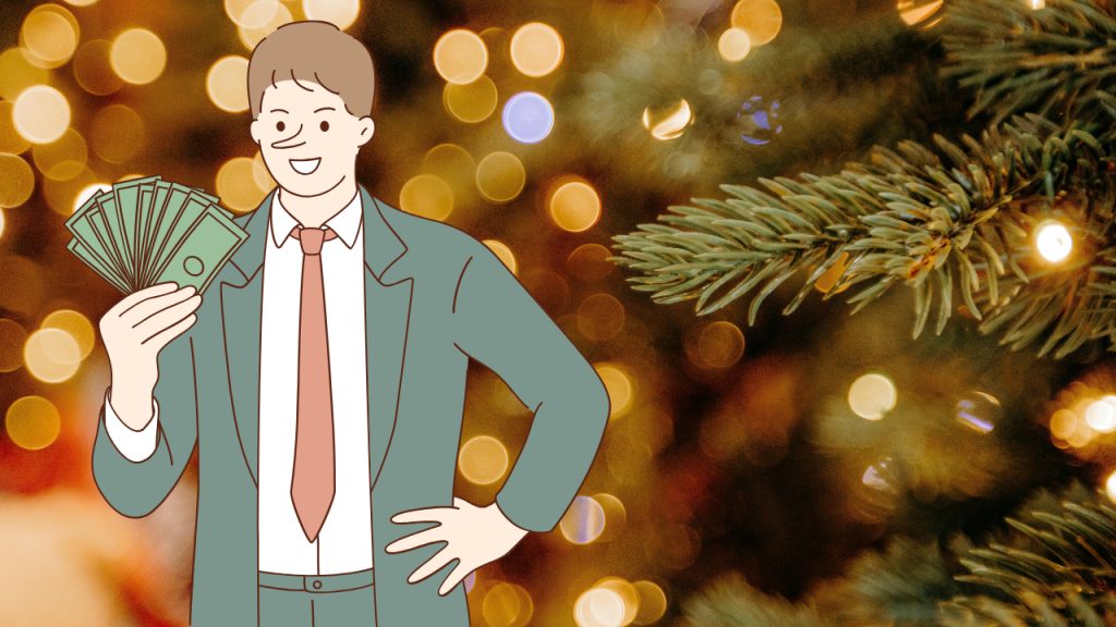 Ilustración de un hombre sonriente sosteniendo billetes frente a un fondo navideño con luces y ramas de pino, simbolizando fraudes o riesgos financieros durante la temporada decembrina.