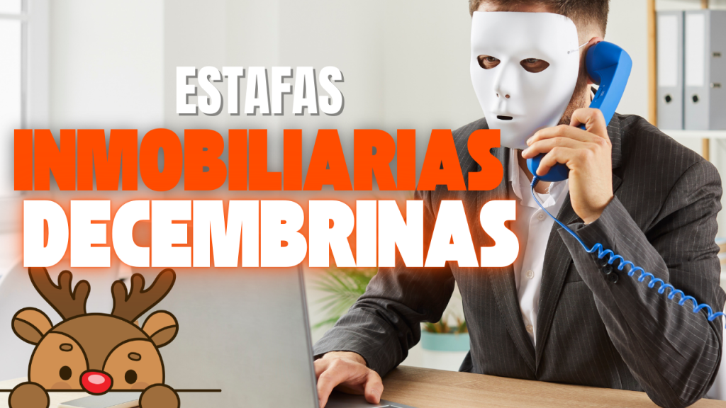 Hombre con traje y máscara blanca hablando por teléfono frente a una laptop, representando fraudes en compras de inmuebles durante diciembre.