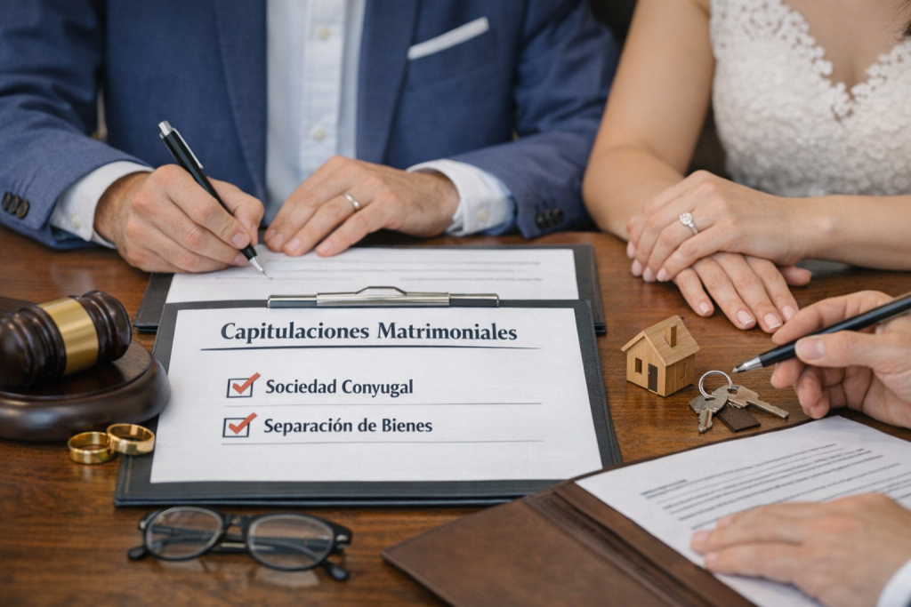 Pareja firmando capitulaciones matrimoniales ante notario, definiendo sociedad conyugal o separación de bienes para proteger su patrimonio.