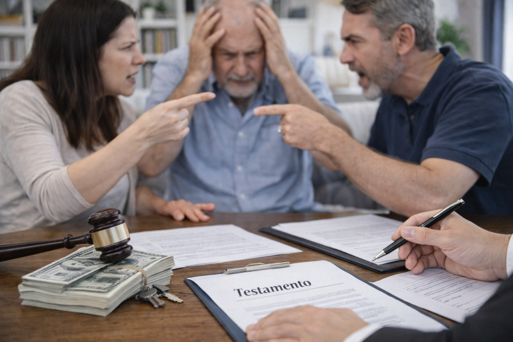 Familia en disputa por herencia frente a documento de testamento y dinero, representando conflicto sucesorio.