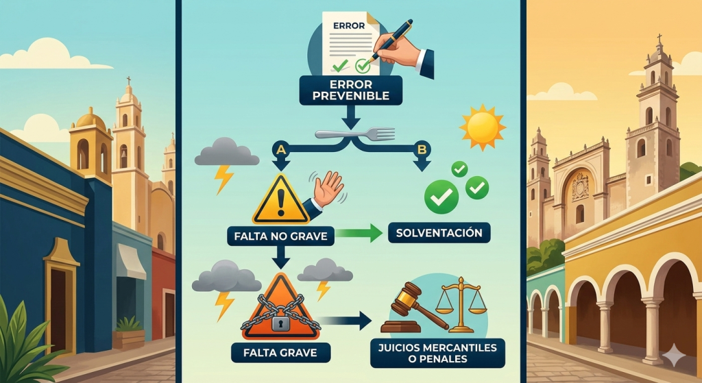 Diagrama de flujo que explica las consecuencias de errores prevenibles, distinguiendo entre falta no grave (solventación) y falta grave (juicios penales).