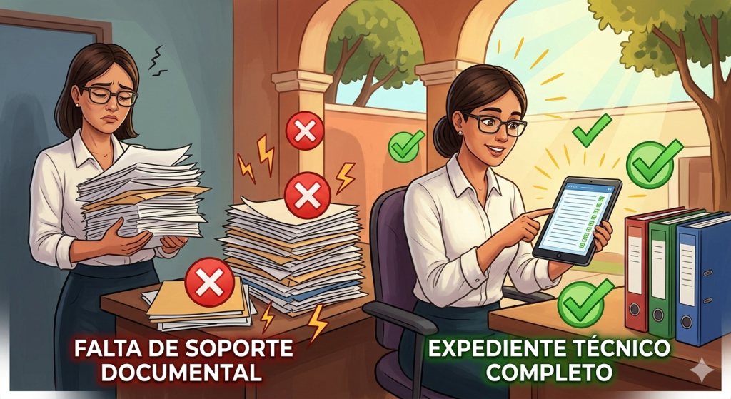 Comparativa entre una funcionaria abrumada por falta de soporte documental frente a una gestión eficiente con expediente técnico completo en formato digital.