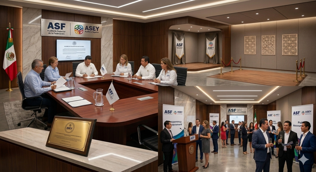 Reunión solemne en oficina ejecutiva con logotipos de la ASF y ASEY, representando una ceremonia formal de auditoría y transparencia gubernamental.