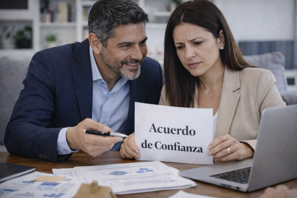 Pareja mexicana de nivel empresarial trabajando en oficina moderna con documentos financieros y laptop, representando socios que también son pareja.