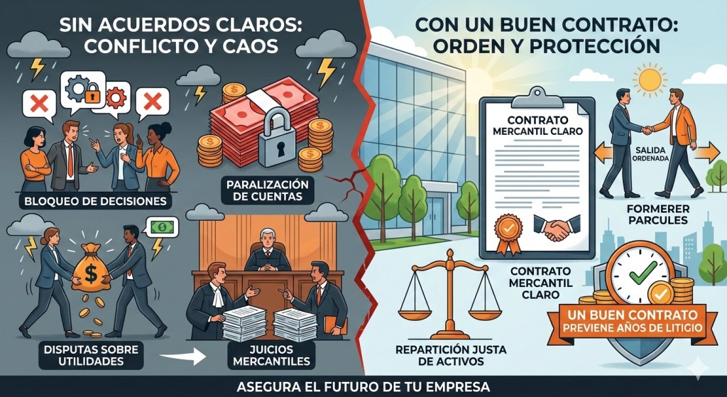 Infografía comparativa sobre riesgos legales entre socios que son pareja: sin acuerdos hay conflictos y juicios; con contrato mercantil hay orden y protección empresarial.
