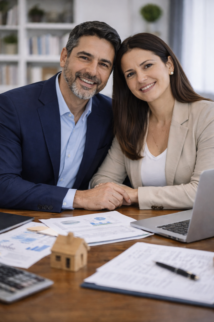 Pareja mexicana de nivel empresarial trabajando en oficina moderna con documentos financieros y laptop, representando socios que también son pareja.