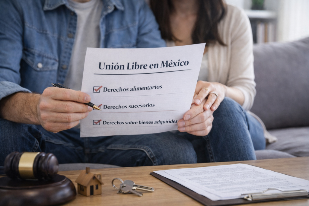 Pareja en unión libre revisando documento sobre derechos alimentarios, sucesorios y bienes adquiridos en México.